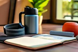 健身效率提升指南，便携水杯与瑜伽垫、弹力带等器材，以及打卡APP和热量计算器的应用